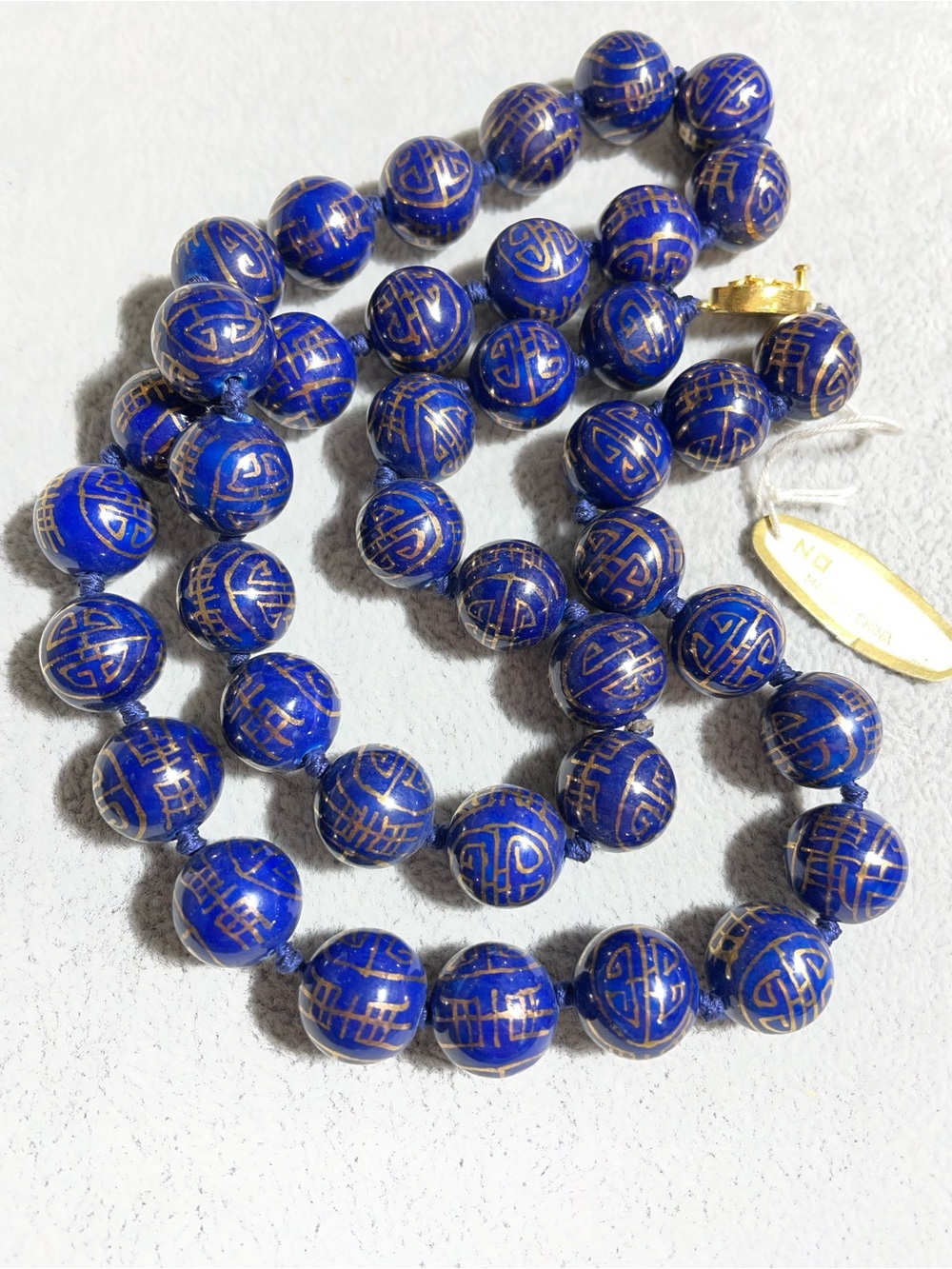 Vintage Chinese Porcelain Export Handpainted Beaded Cobalt Gold Tone Necklace